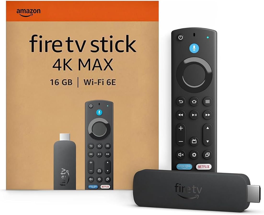 Amazon Fire TV Stick 4K Max — box, Alexa voice remote and streaming stick