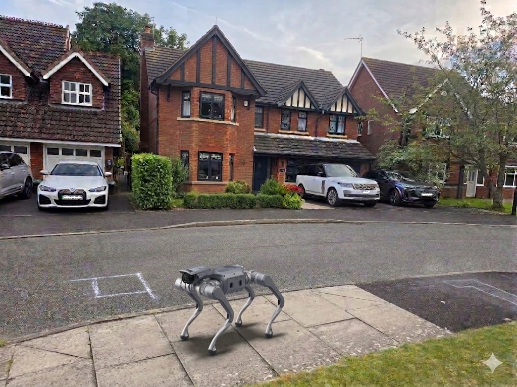 Visualisation of the AI patrol dog standing on a pavement on a Brockhall Village street